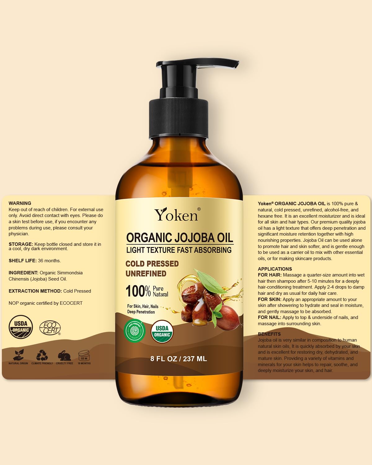 Yoken organic jojoba oil cruelty-free label signals clean formula.