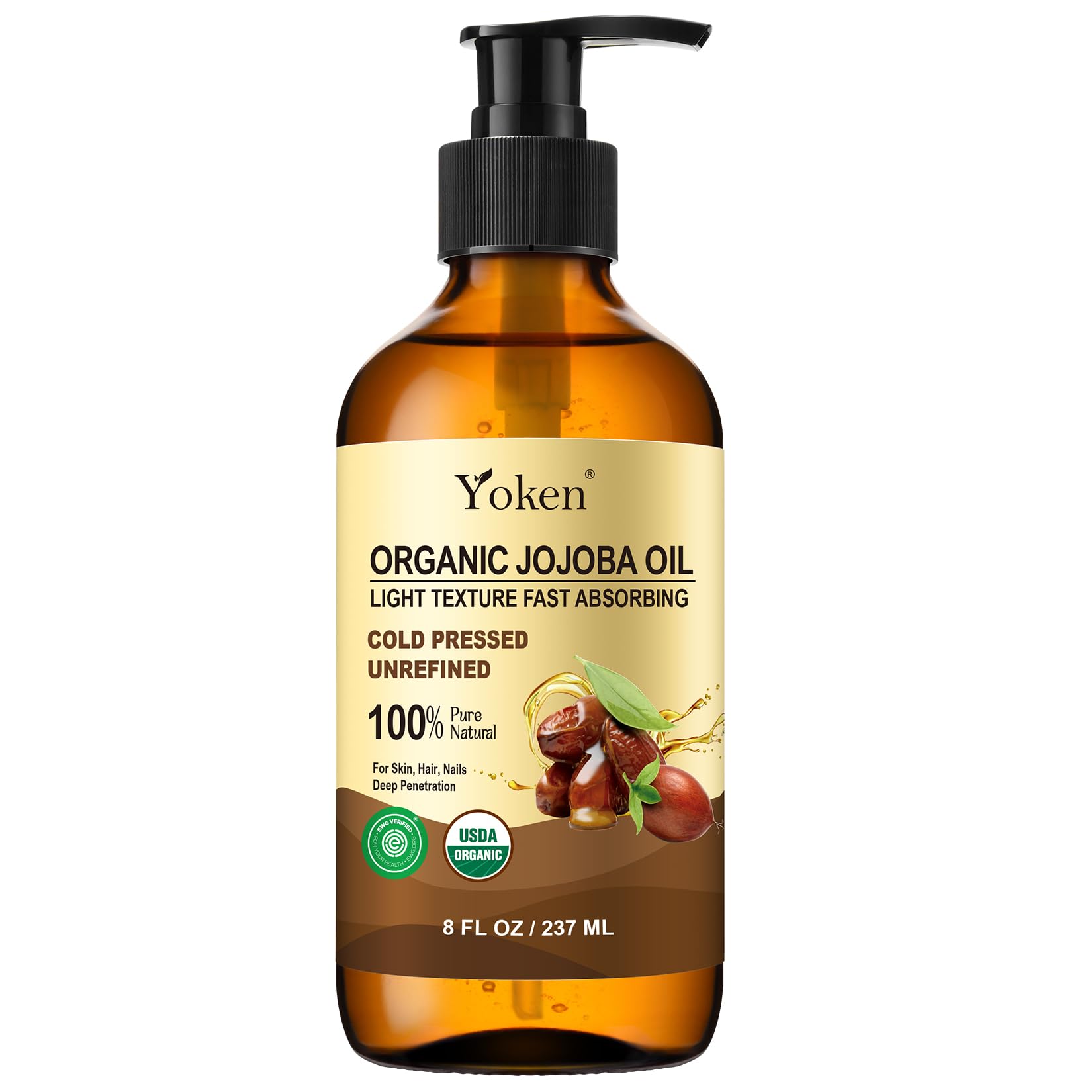 Yoken organic jojoba oil in glass bottle for pure daily use.