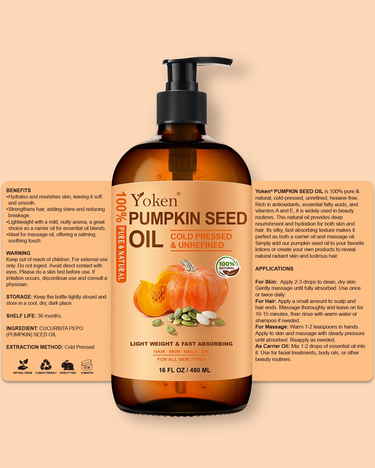 Yoken pumpkin seed oil glass bottle and cap signals premium oil storage.