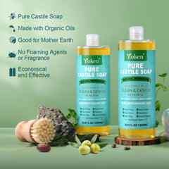 Yoken Pure Castile Soap liquid pump demonstrates concentrated multipurpose cleaner for everyday use.