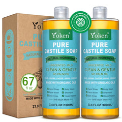Yoken Pure Castile Soap Unscented bottle shows a gentle, versatile cleanser for face and body.