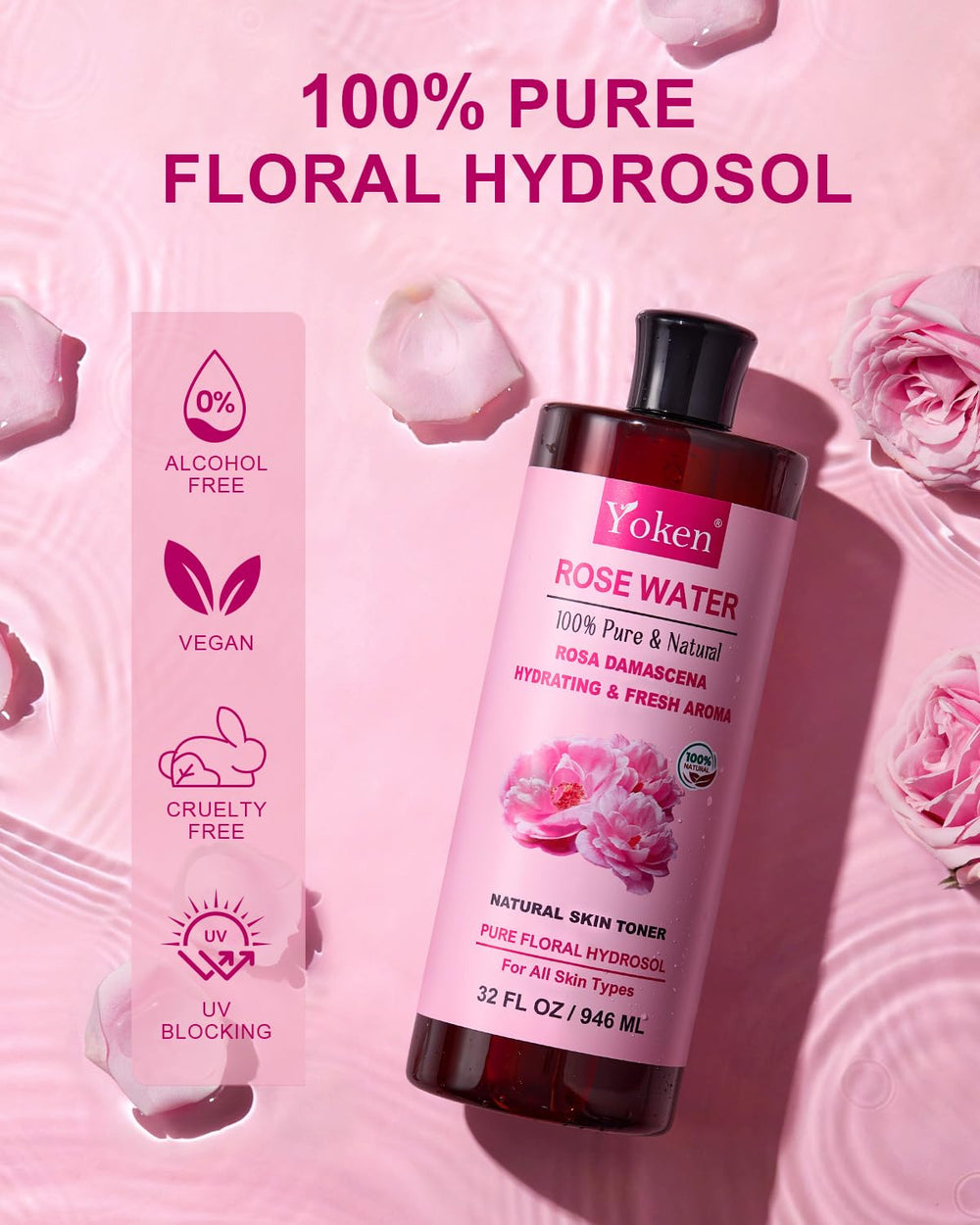 Yoken Rose Water Hydrosol amber bottle close-up highlighting purity and hydration.
