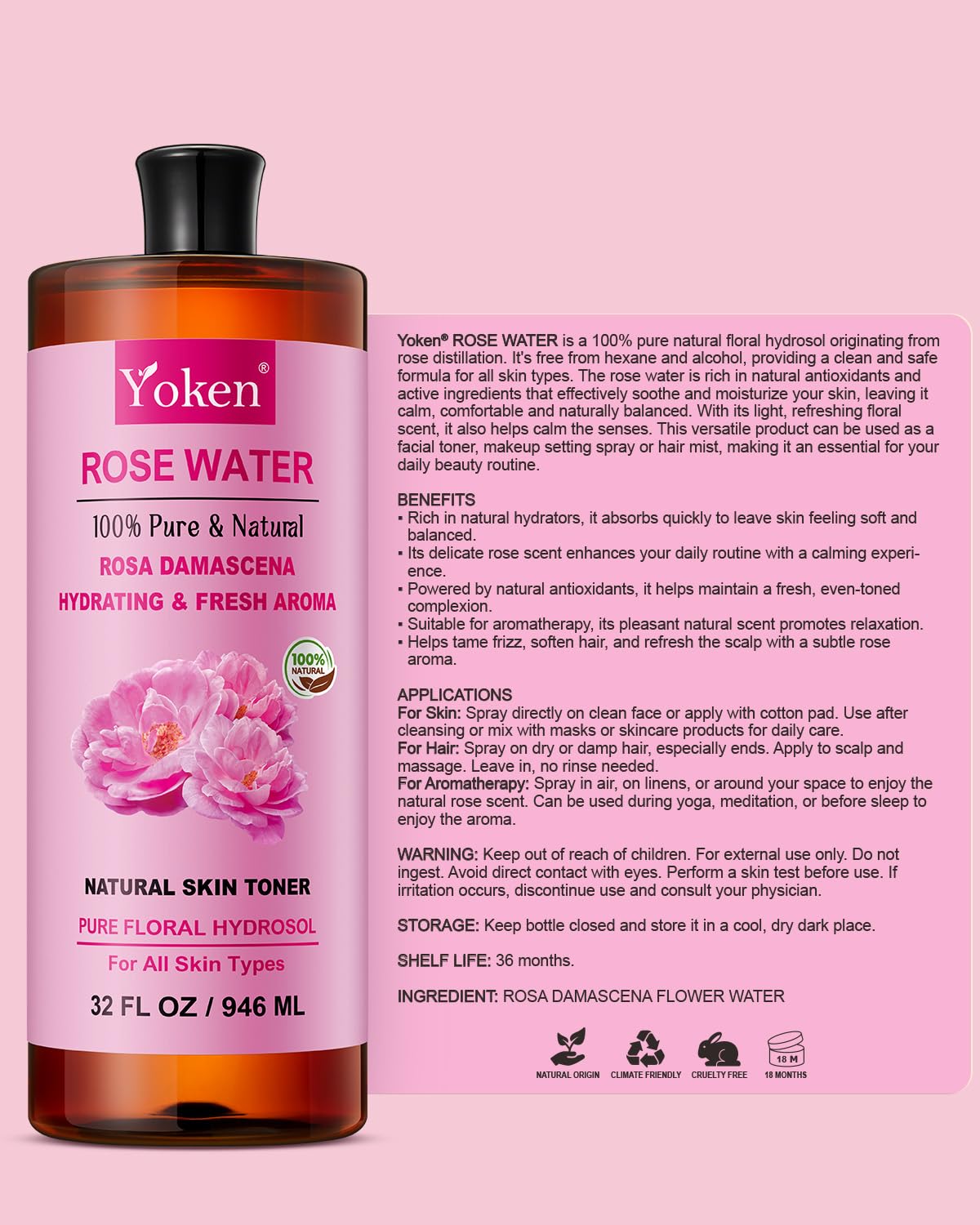 Yoken Rose Water exhibits a lightweight, quick-drying finish on skin.