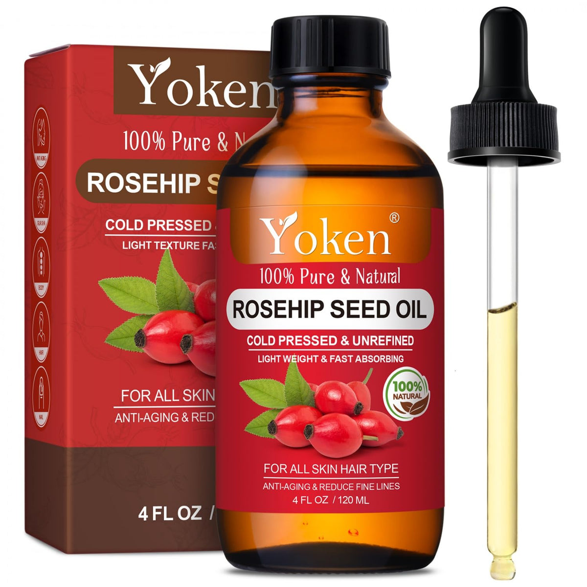 Yoken rosehip seed oil bottle showing pure skin care hydration