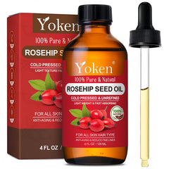 Yoken rosehip seed oil bottle showing pure skin care hydration