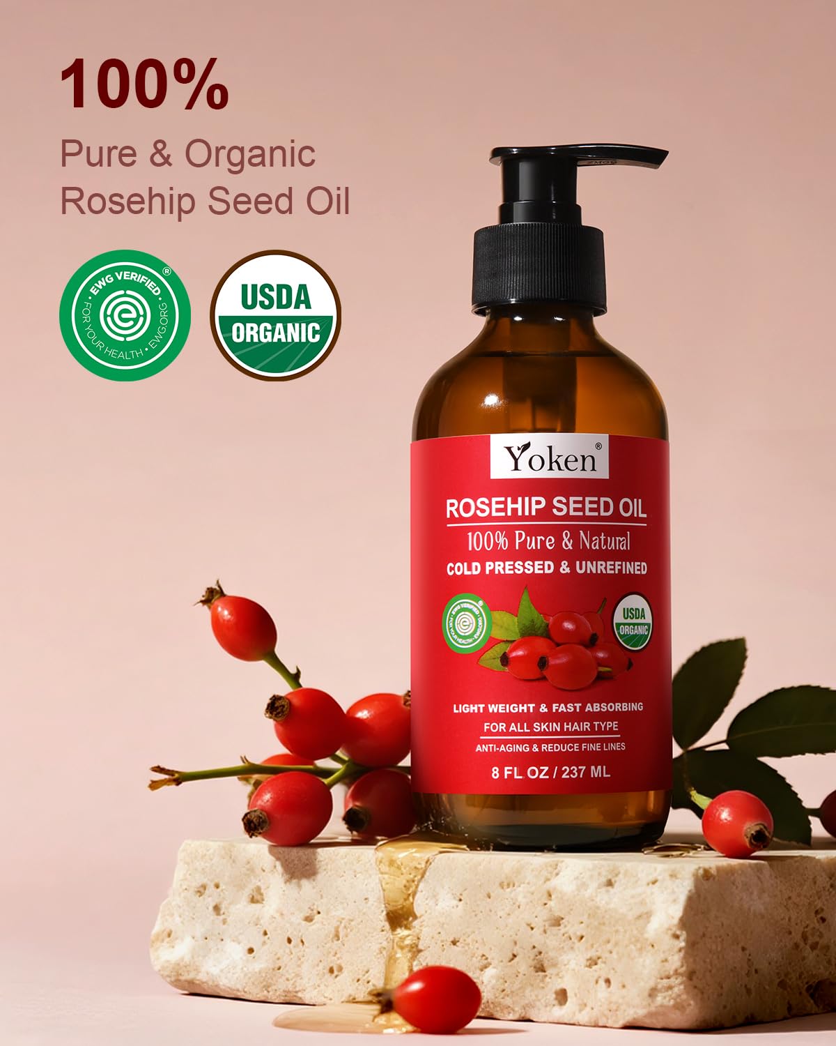 Yoken Rosehip Seed Oil pour demonstrates easy dispensing for quick daily moisturizing.