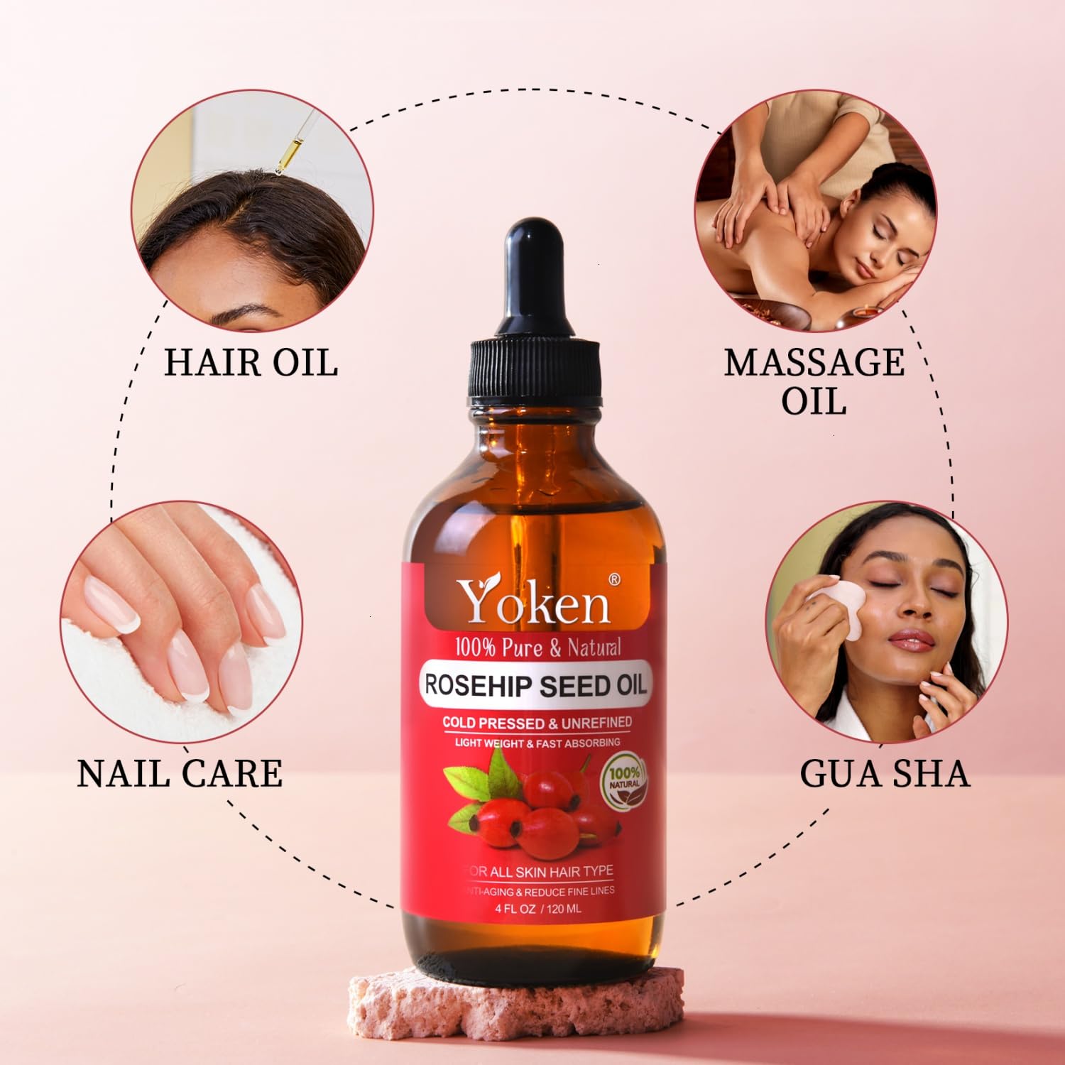Yoken rosehip seed oil massaged into scalp for shine