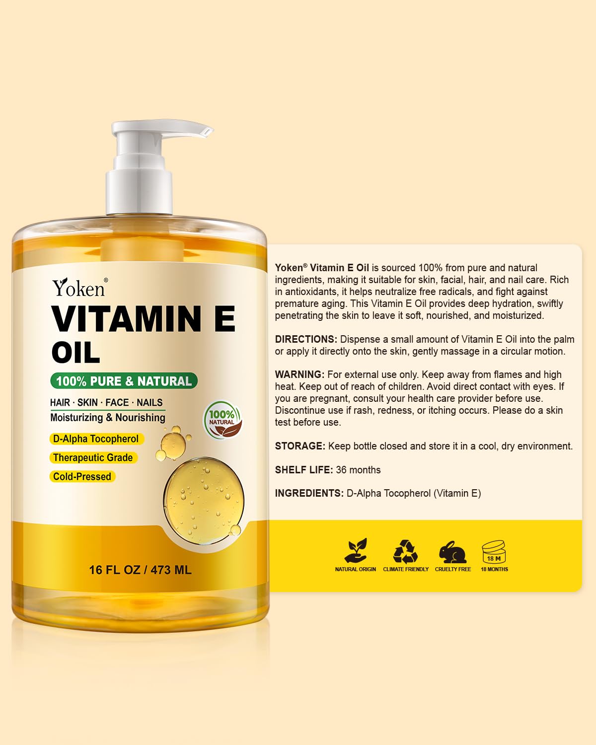 Yoken Vitamin E Oil packaging indicating bulk-use versatility for bath and body care.