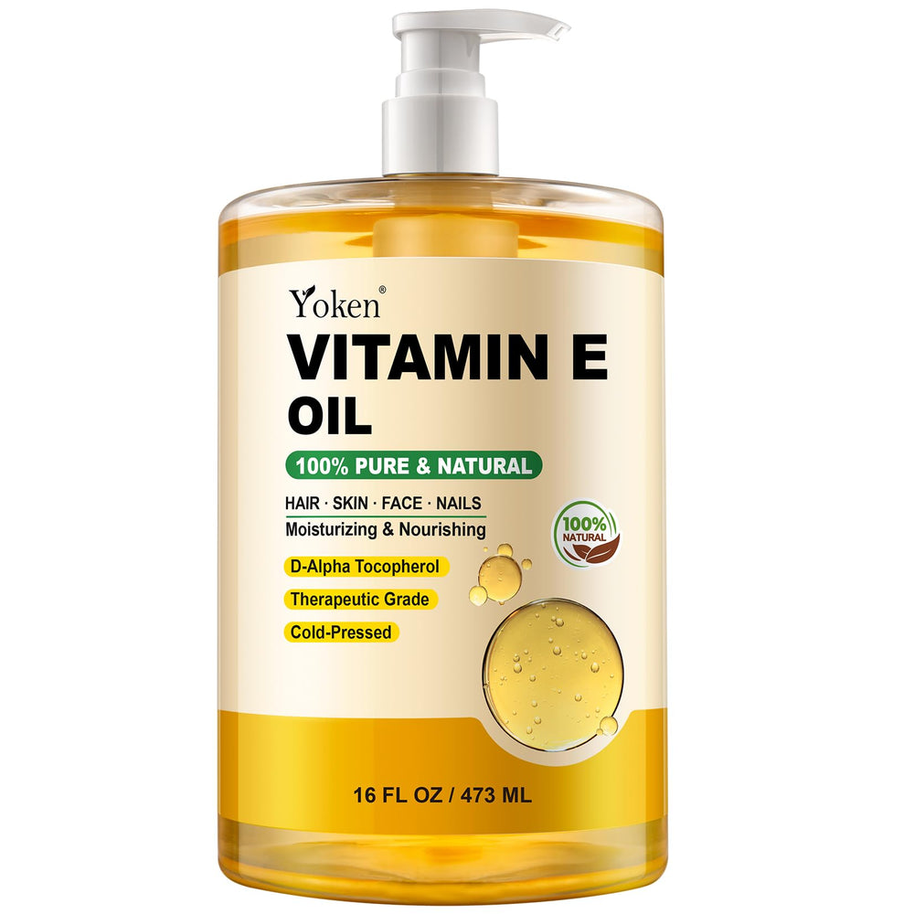 Yoken Vitamin E Oil bottle showing a bulk 16 oz size for daily skin care and DIY uses.