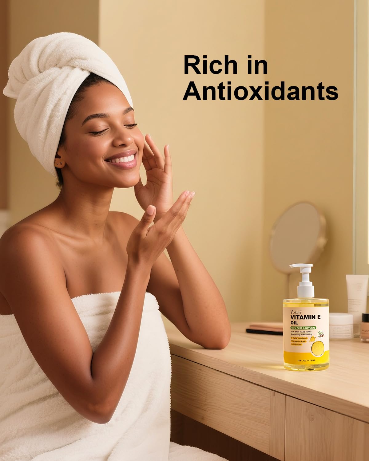 Yoken Vitamin E Oil cruelty-free badge signaling ethical sourcing and animal-friendly beauty rituals.