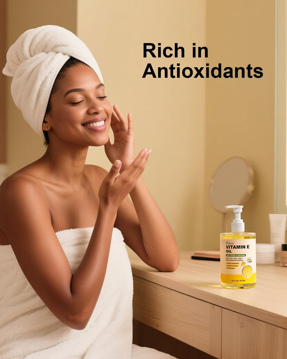 Yoken Vitamin E Oil cruelty-free badge signaling ethical sourcing and animal-friendly beauty rituals.