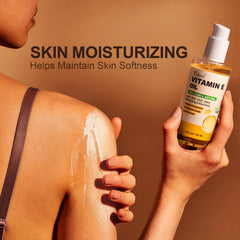 Yoken Vitamin E oil label highlights organic, non-GMO formula for face and body.