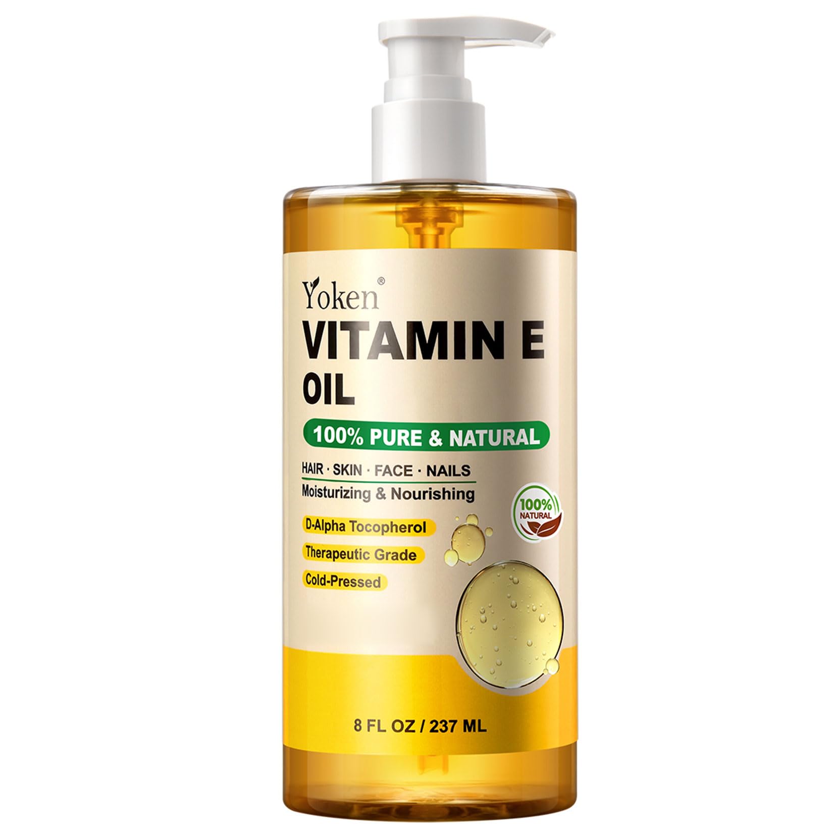Yoken Vitamin E oil bottle with pump for easy skin hydration and daily care.