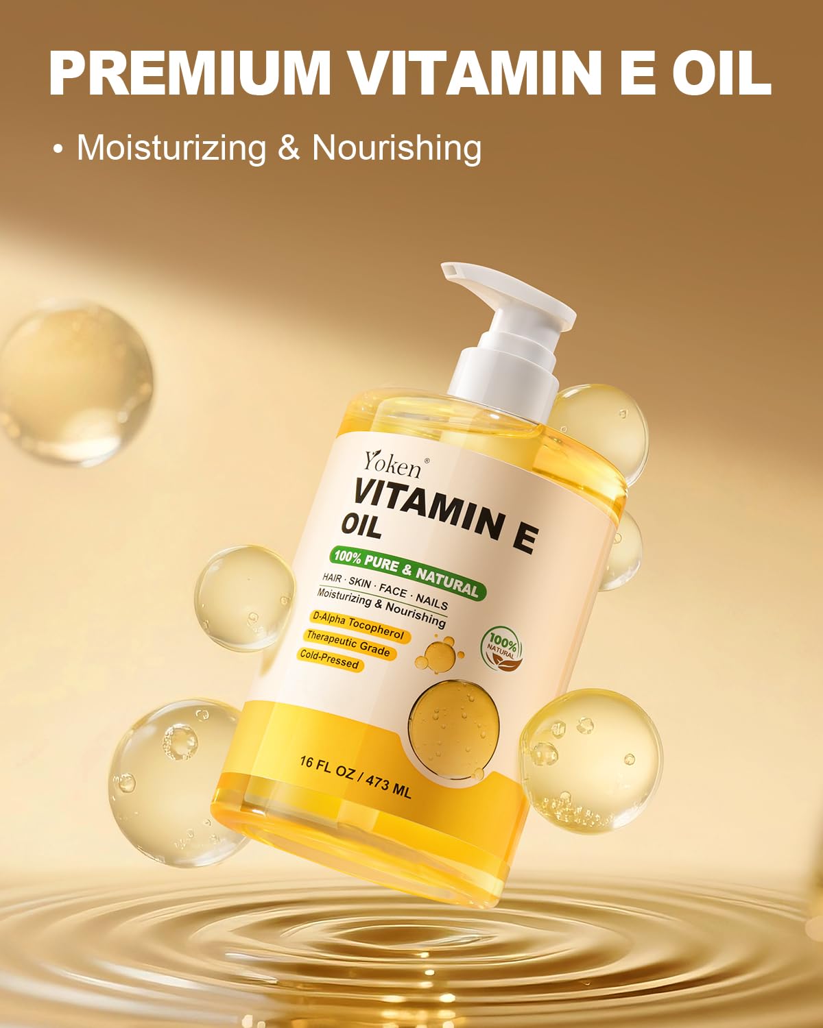 Yoken Vitamin E Oil pump dispensing for quick face, body, and hydration.