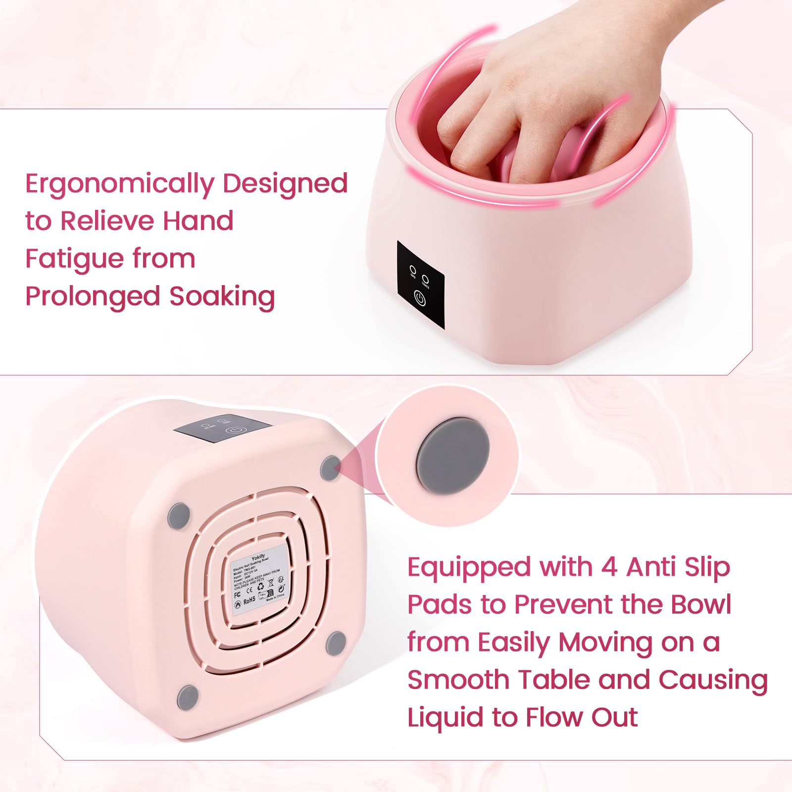 Yokilly Nail Bowl Heated in use with hand soaking for efficient removal.