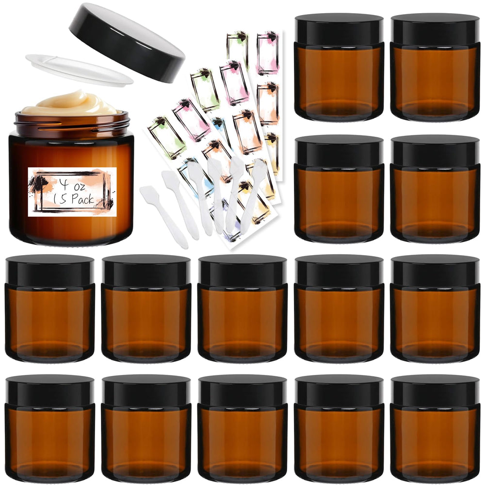 Yokodaza amber glass jar 4oz with lid, ideal for cosmetics storage and DIY projects.