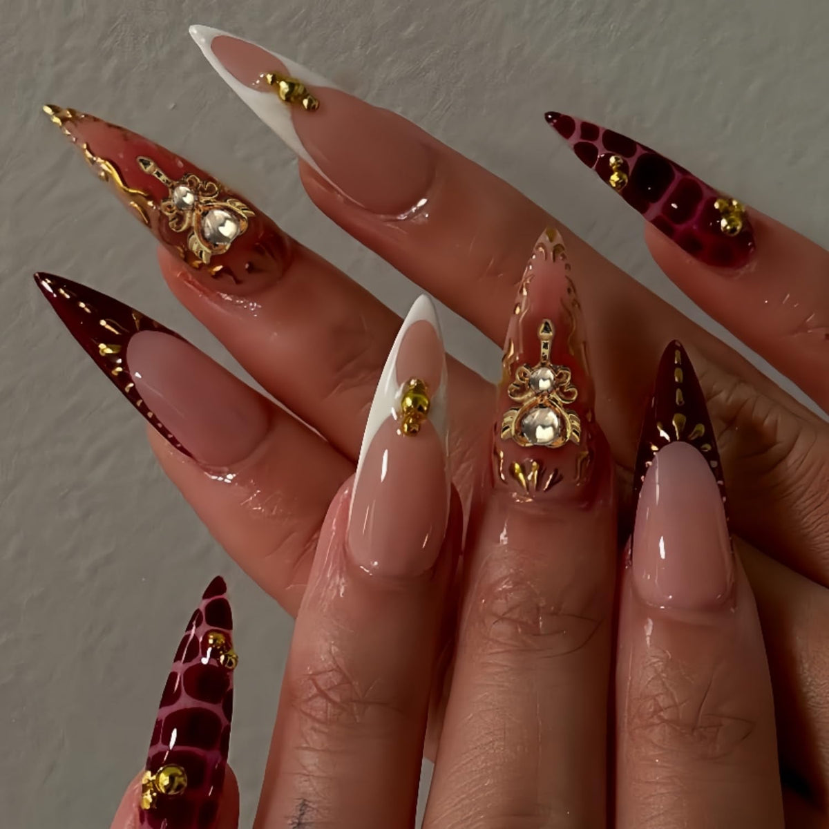 YOLEZI press-on nails long stiletto almond with gold pearls for glamorous event-ready nails