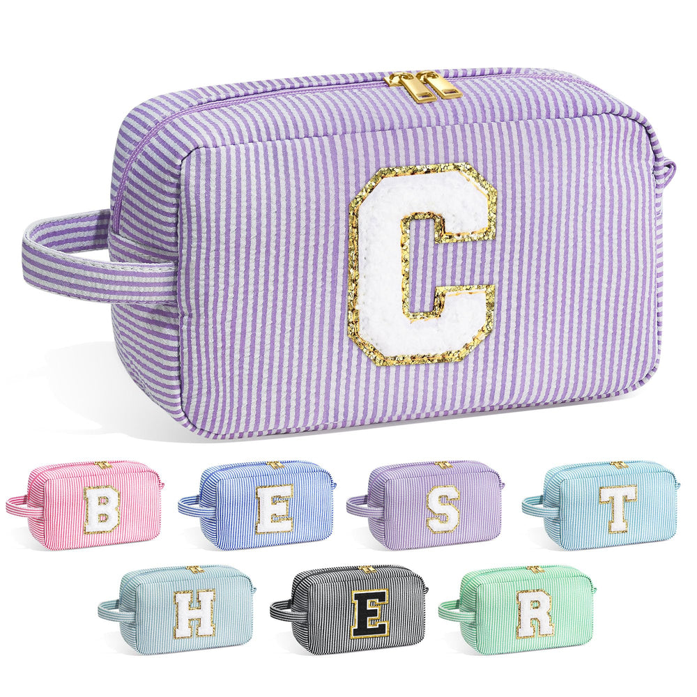 YOOLIFE initial makeup bag with chenille letter keeps cosmetics neatly organized.