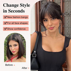 YOLIN bangs styled for dyed or perm versatility showing styling possibilities