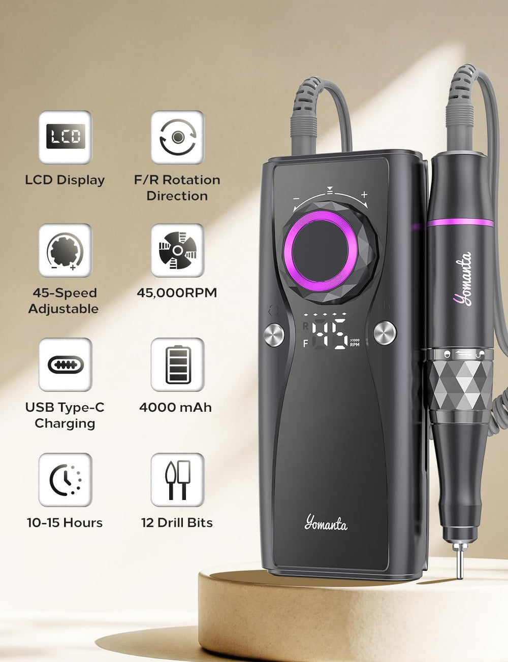 Yomanta electric nail drill LCD display shows speed and battery