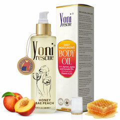 Yoni Rescue after-shower body oil peach bottle shows hydrating formula for soft skin