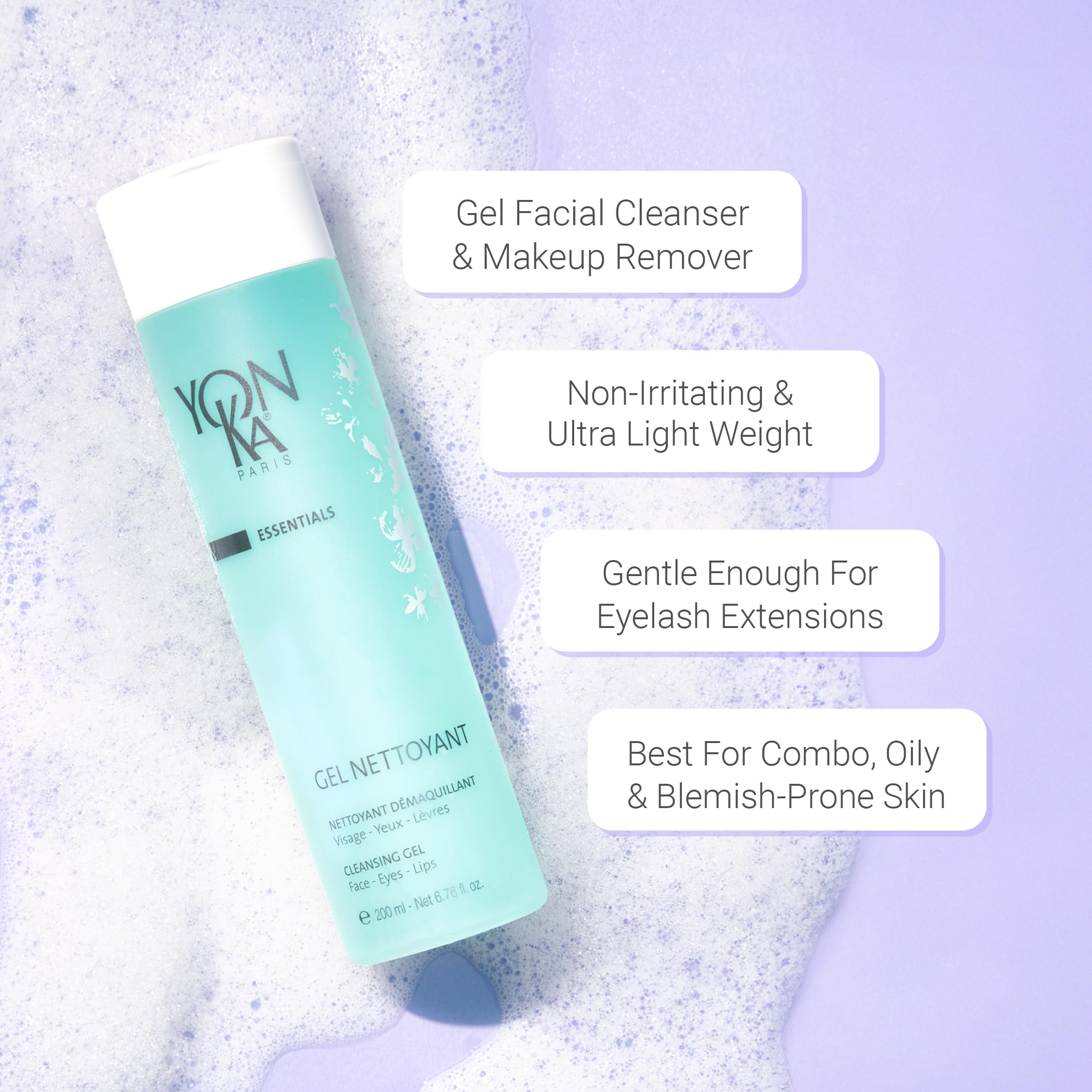Yonka Gel Cleanser silky foam shown in action for oily skin cleansing