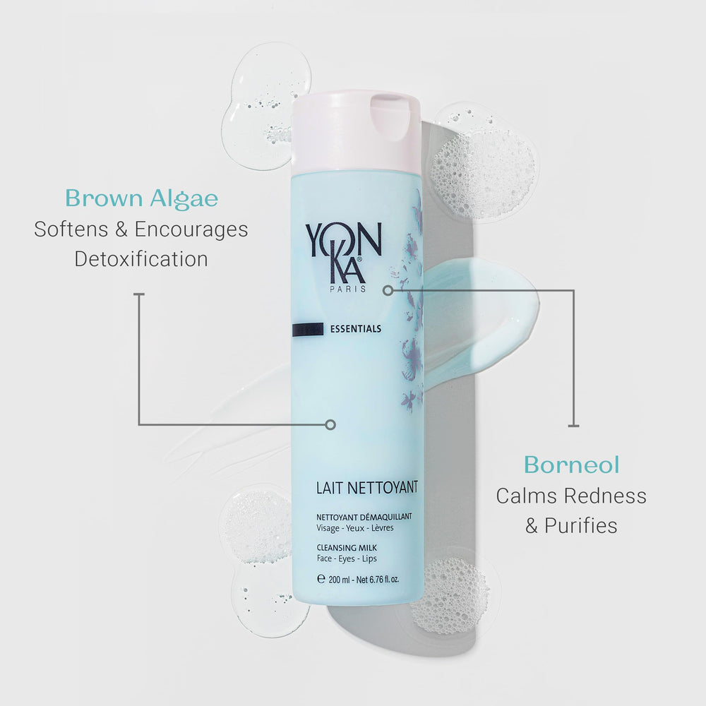 Yonka Lait Nettoyant face cleanse application illustrates daily cleanse for all skin types.