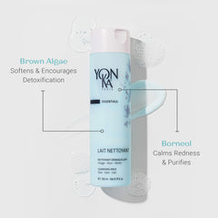 Yonka Lait Nettoyant face cleanse application illustrates daily cleanse for all skin types.