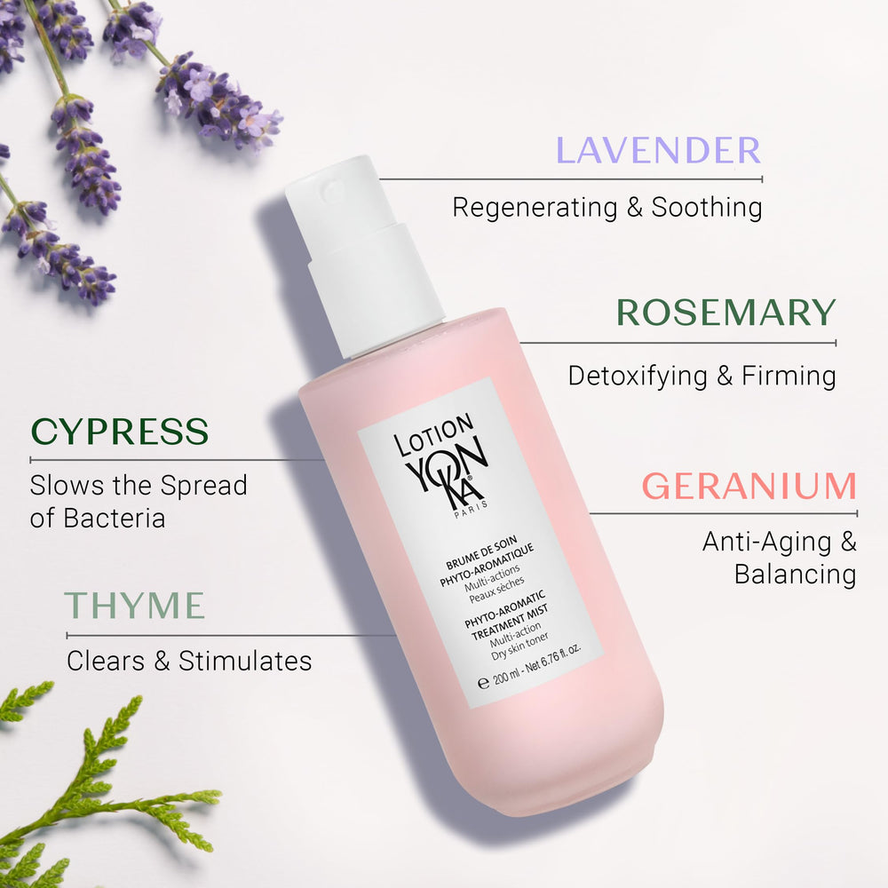 Yon-Ka PS bottle on vanity demonstrates travel-friendly size and elegance.