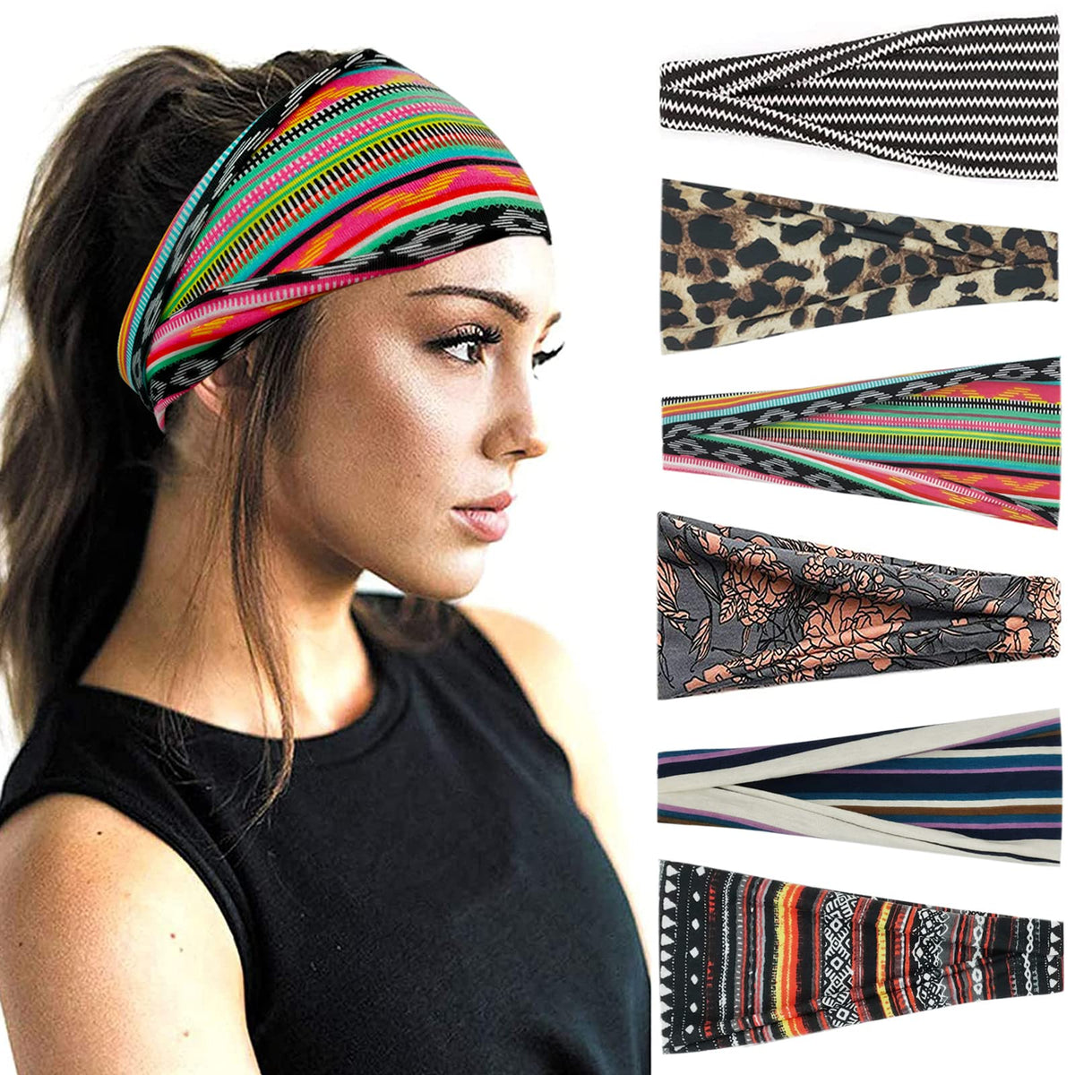 YONUF boho headbands six-pack flat lay showing vibrant color variety for matching outfits.