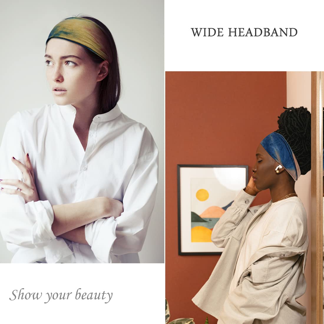 YONUF wide headband stretched for a secure fit during workouts