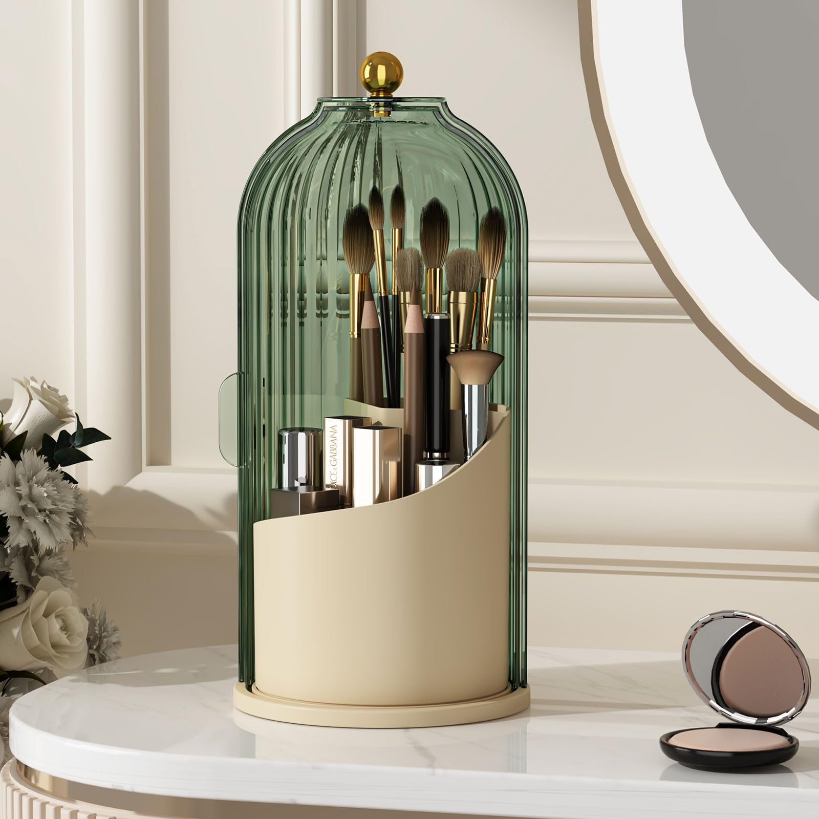 YOOLENS makeup brush holder with lid, 360-rotating top for quick access.