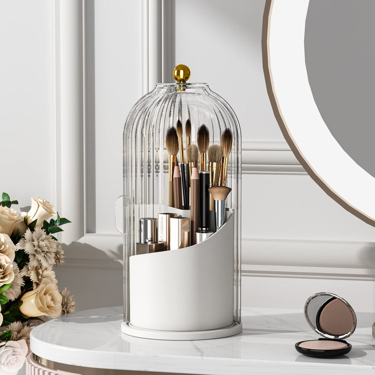 YOOLENS makeup brush holder with lid keeps brushes dust-free on vanity.