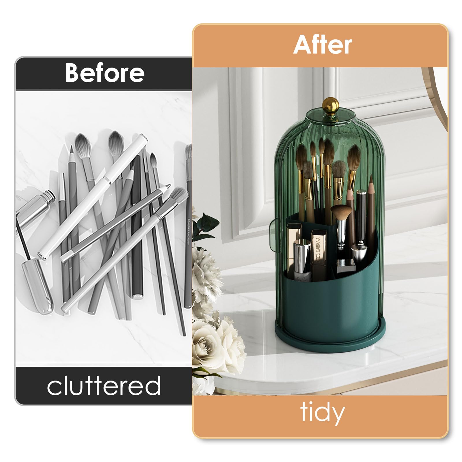YOOLENS vanity setup showing three sections for different brush sizes