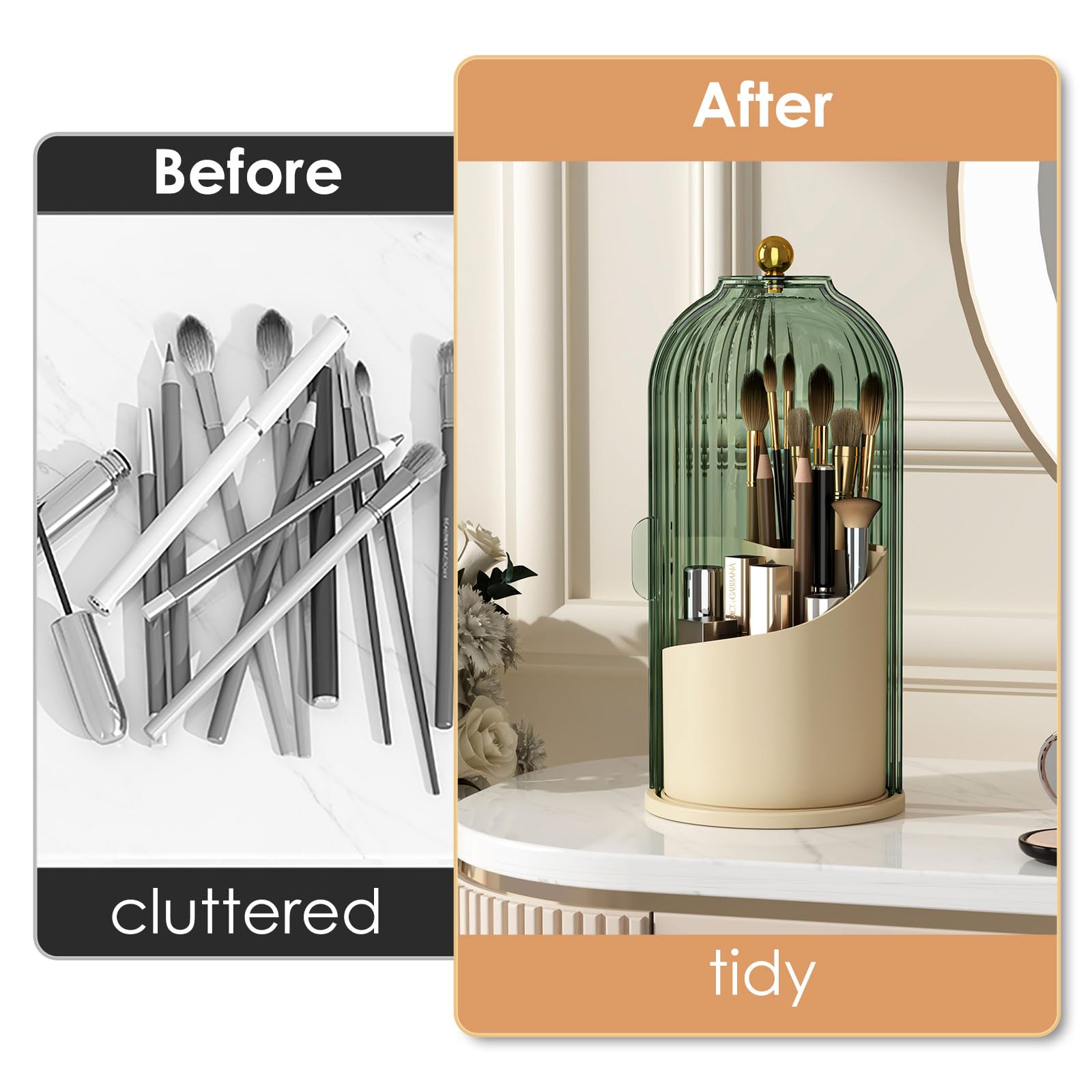 YOOLENS three-section storage separates brushes for tidy vanity organization.