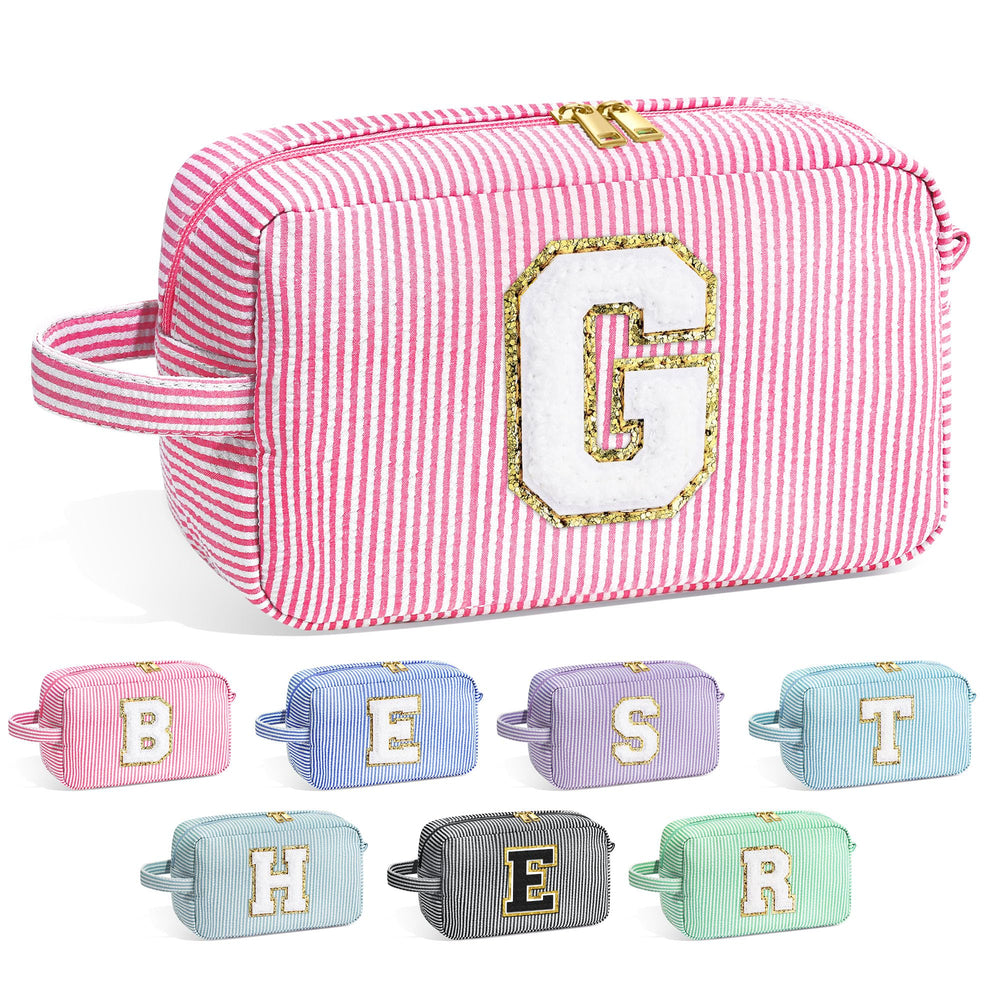 YOOLIFE monogram pink makeup bag front view, keeps cosmetics organized while traveling