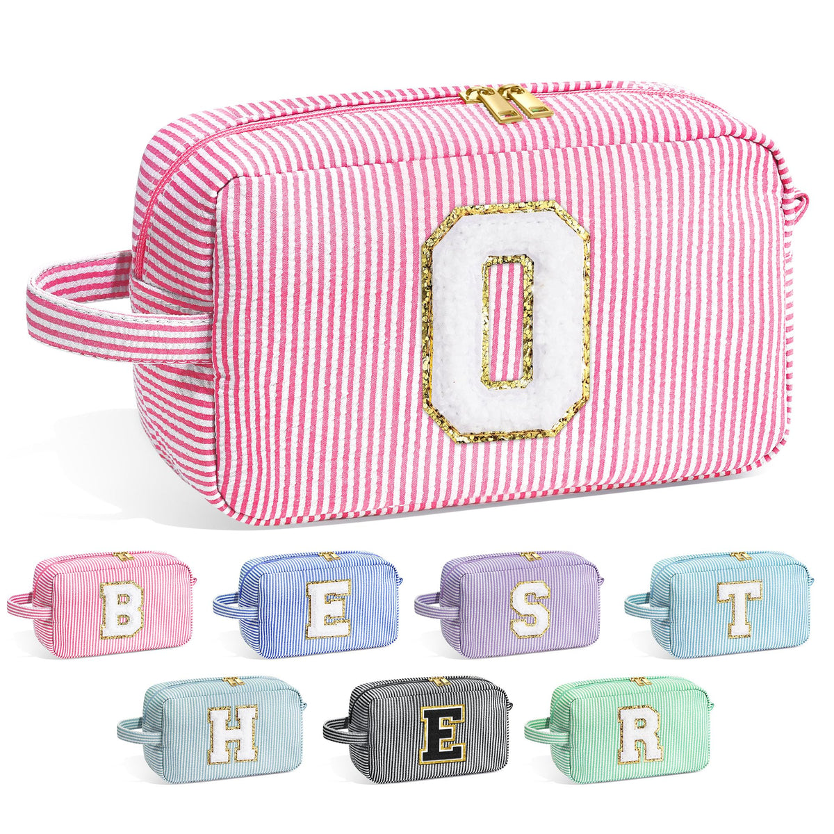 YOOLIFE initial cosmetic bag pink front view for organized makeup on the go.