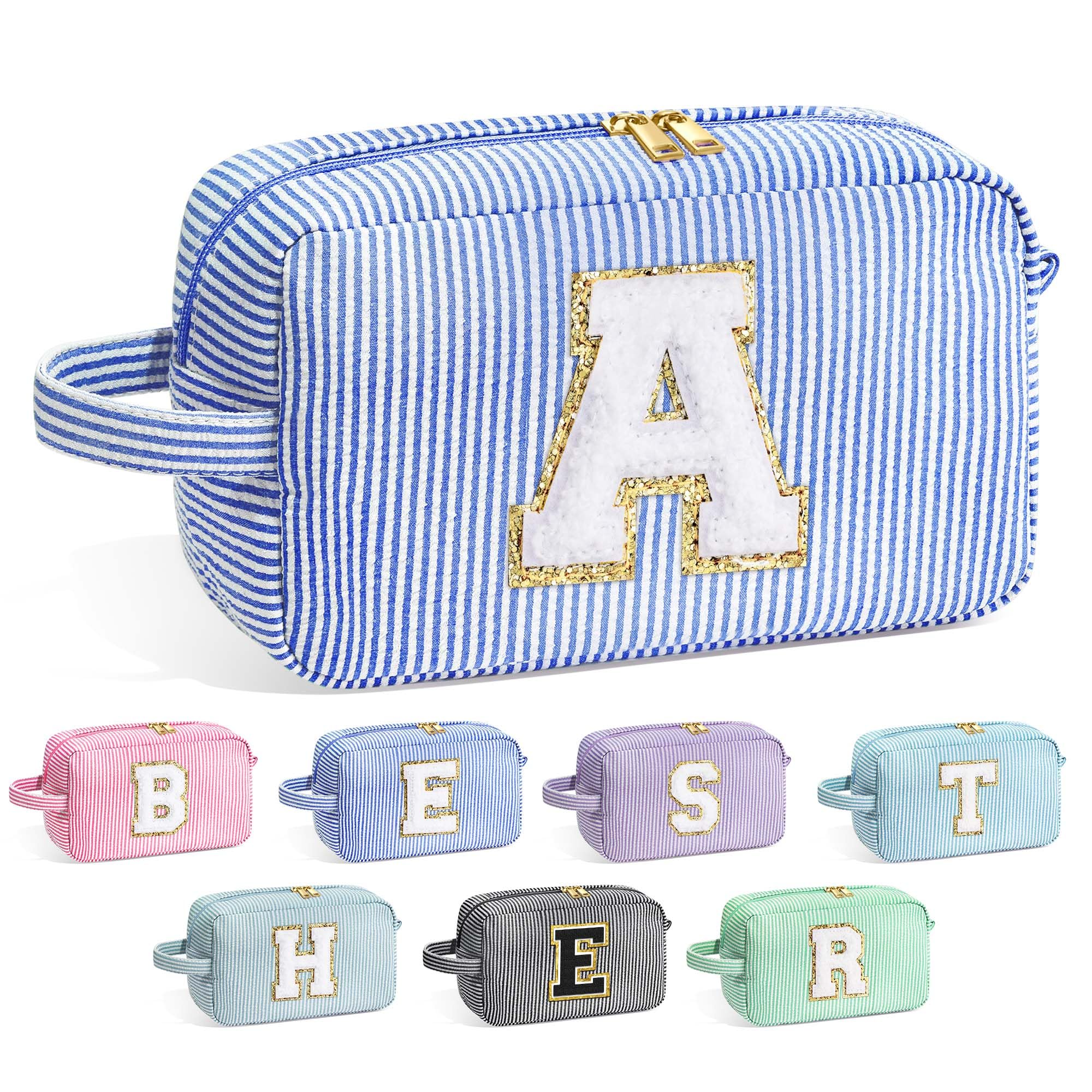 YOOLIFE blue initial makeup bag with chenille letter A for organized cosmetics.