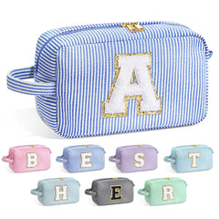 YOOLIFE blue initial makeup bag with chenille letter A for organized cosmetics.