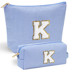 YOOLIFE initial makeup bag blue front with chenille letter design for personalized gift
