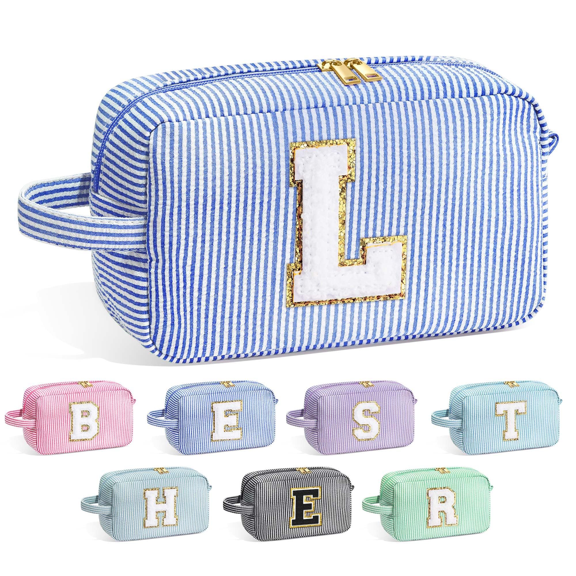 YOOLIFE Initial Makeup Bag blue front view for travel-friendly use.