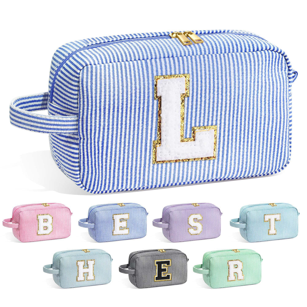 YOOLIFE Initial Makeup Bag blue front view for travel-friendly use.