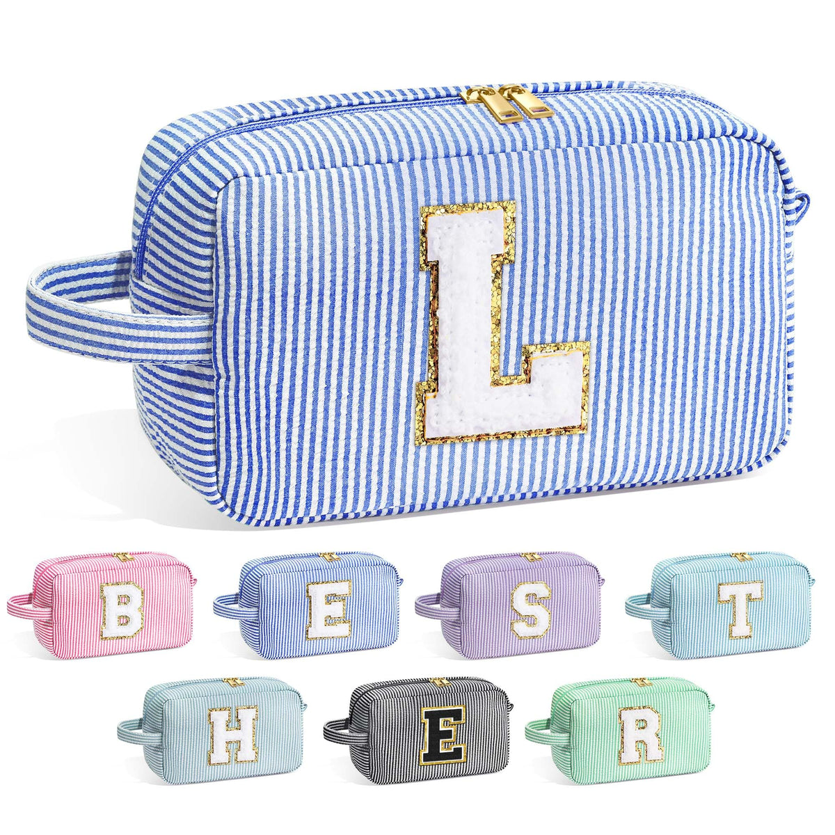 YOOLIFE Initial Makeup Bag blue front view for travel-friendly use.