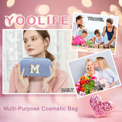 YOOLIFE Initial Makeup Bag compact size with essential cosmetics for travel.