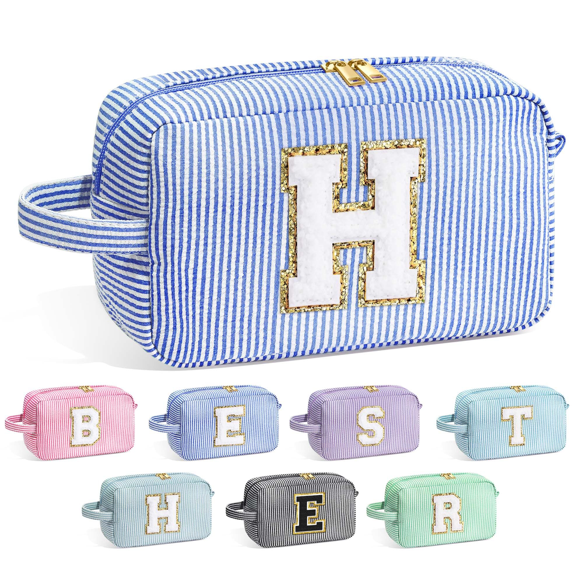 YOOLIFE Initial Makeup Bag front view with chenille monogram for a personalized gift.