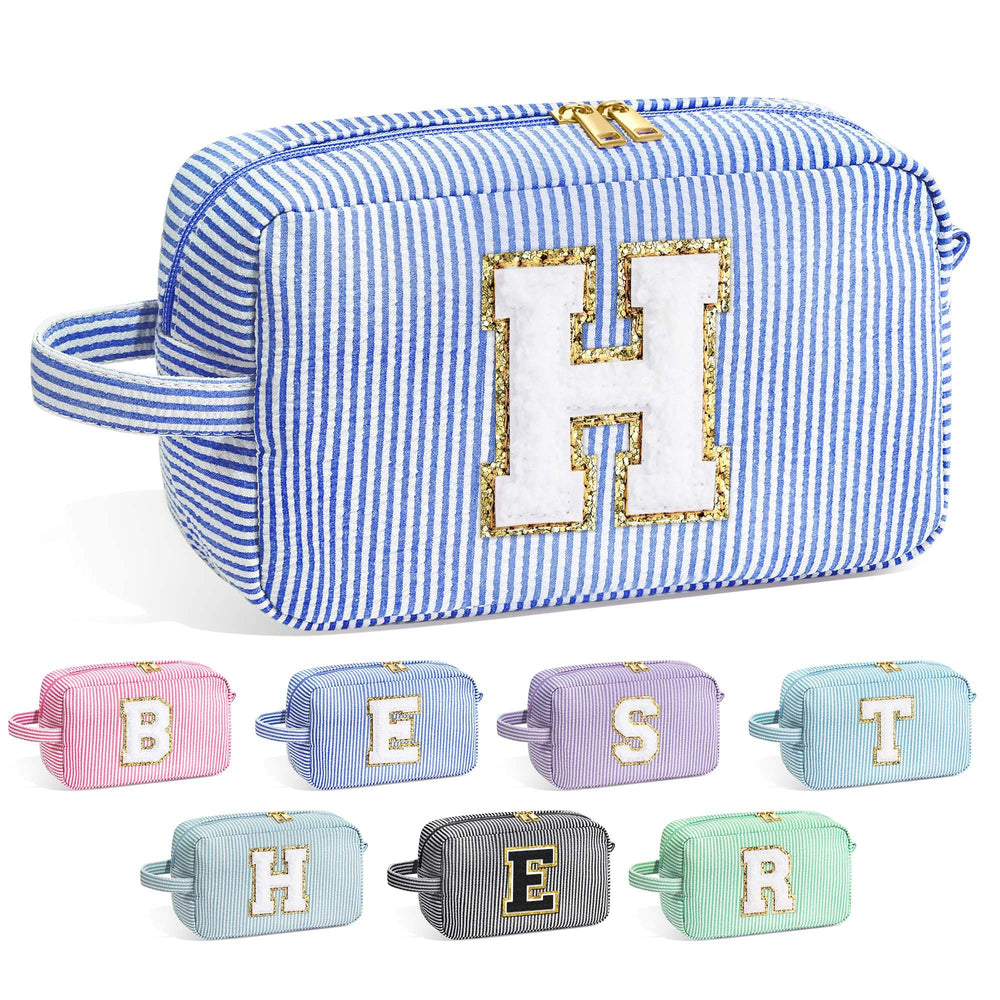 YOOLIFE Initial Makeup Bag front view with chenille monogram for a personalized gift.