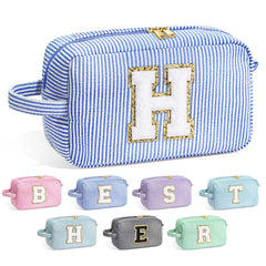 YOOLIFE Initial Makeup Bag front view with chenille monogram for a personalized gift.