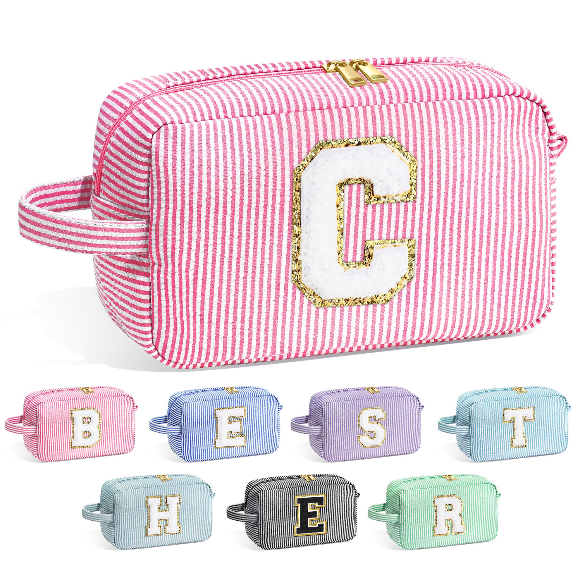 YOOLIFE monogram makeup bag front with chenille letter adds personal style for daily use
