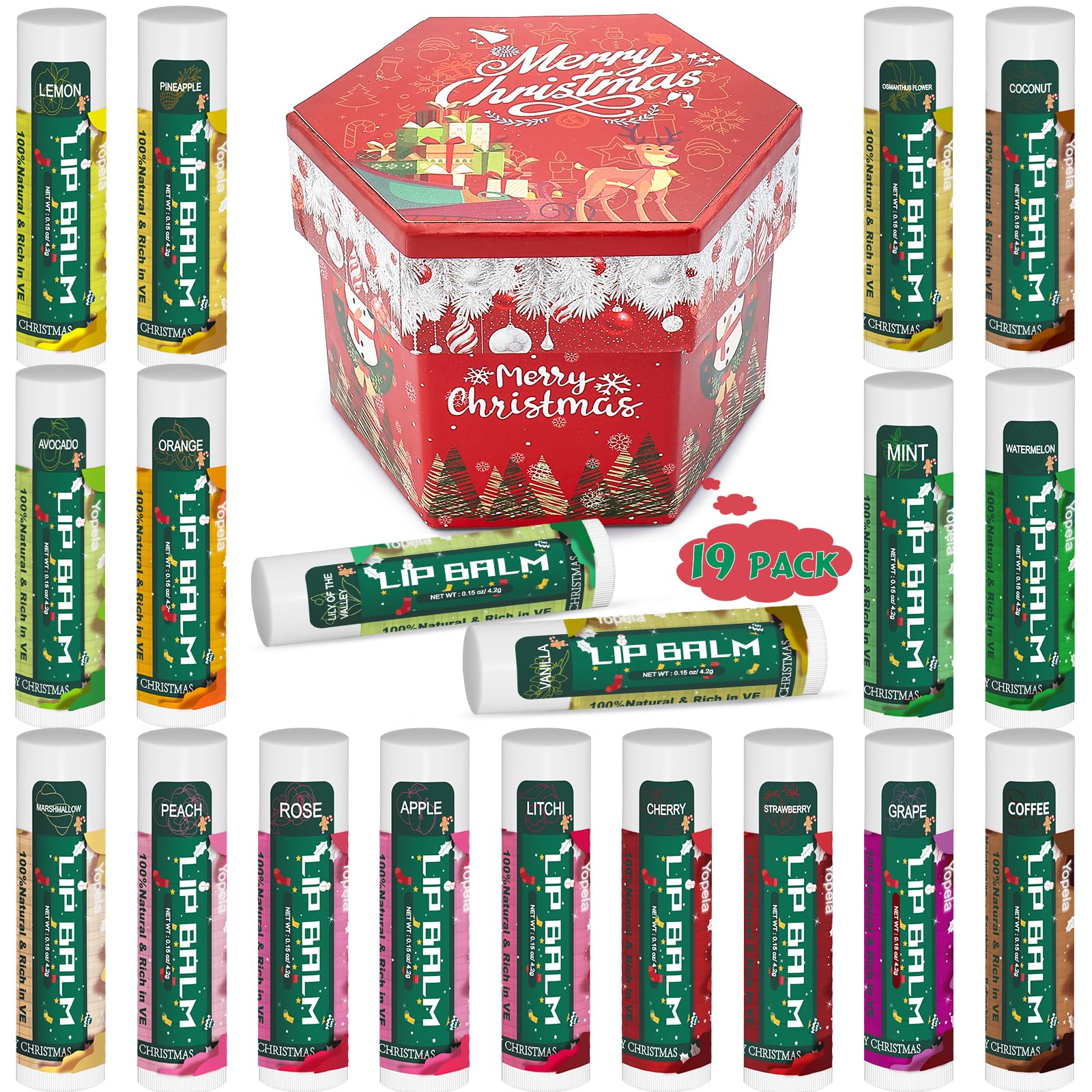 Yopela 19-pack Christmas lip balm bulk with multiple flavors