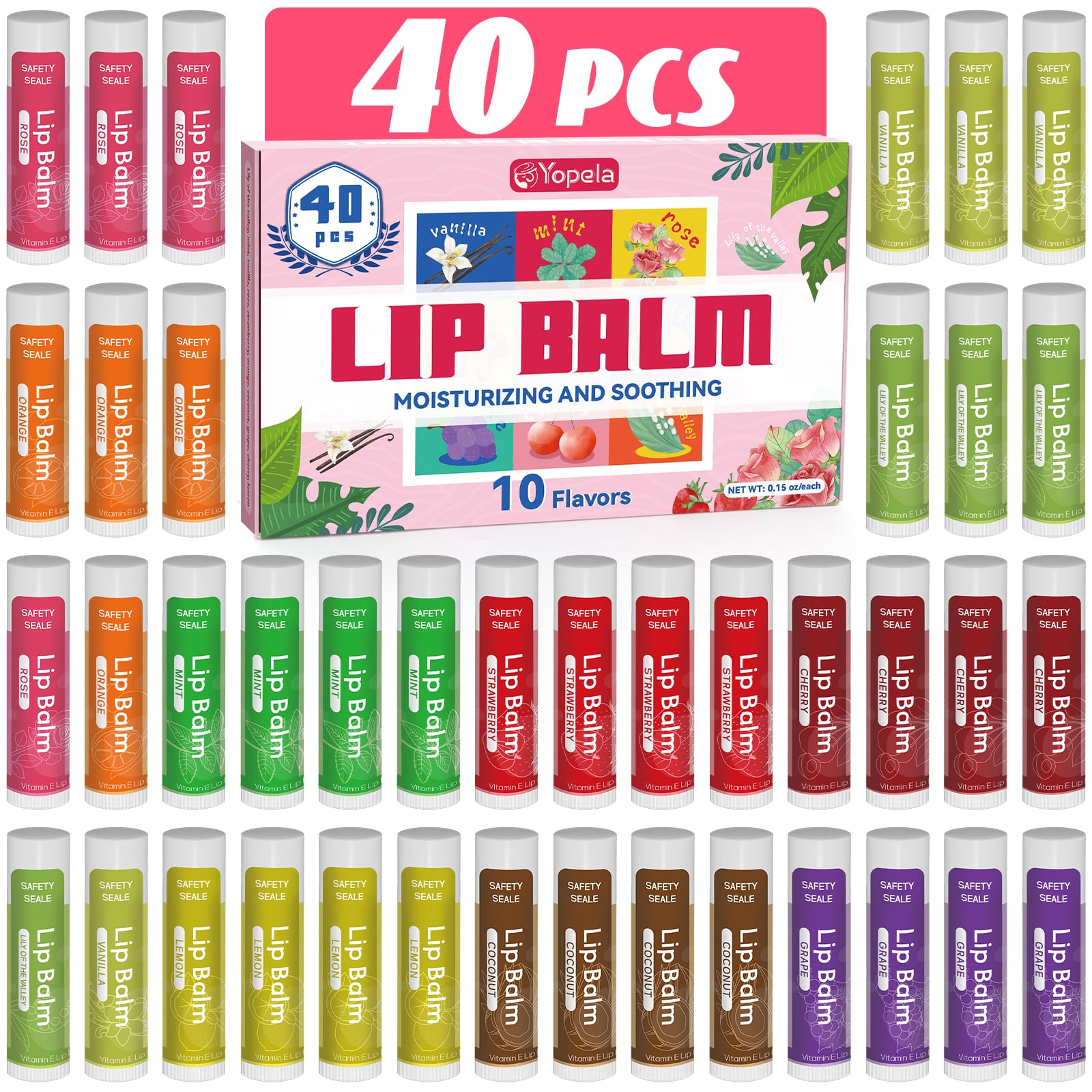 Yopela 40-pack lip balm multipack displayed, ideal for bulk gifting and family use.